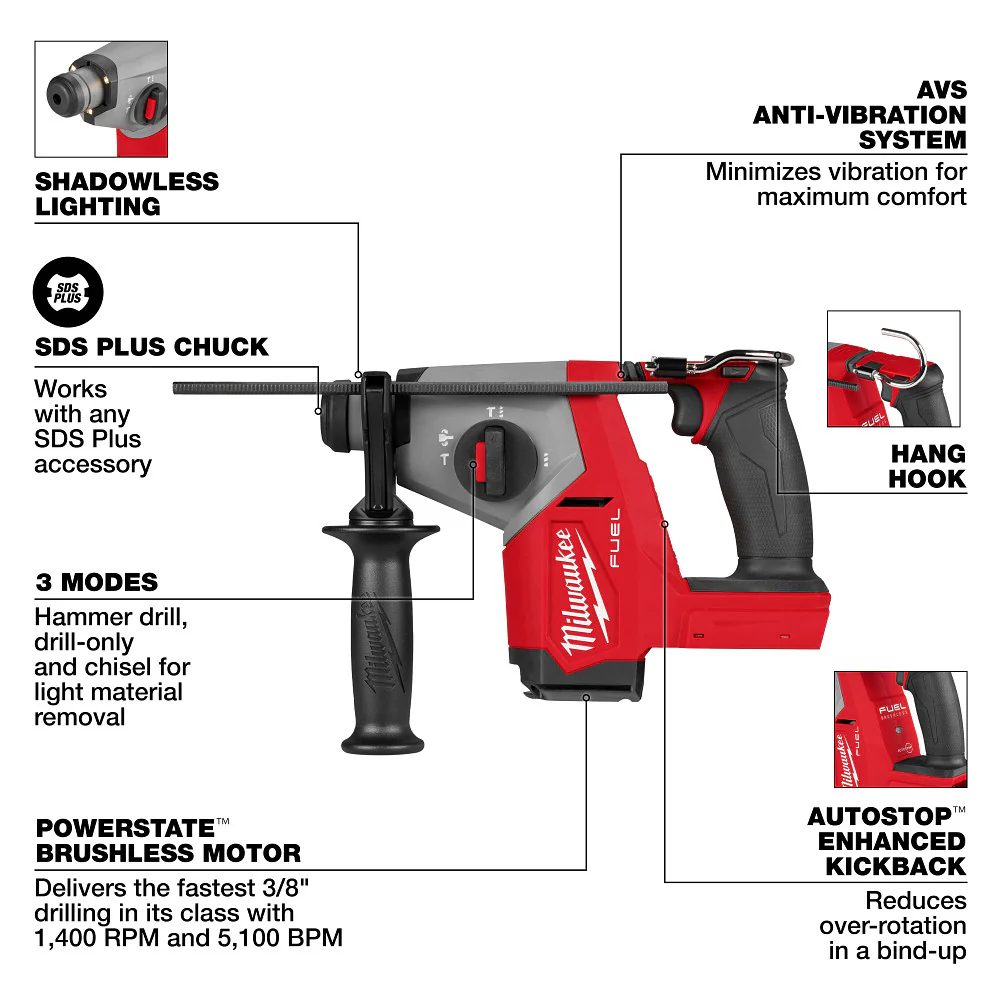 Milwaukee 2908-20 M18 FUEL 18V 5/8 SDS Plus Rotary Hammer - Bare Tool