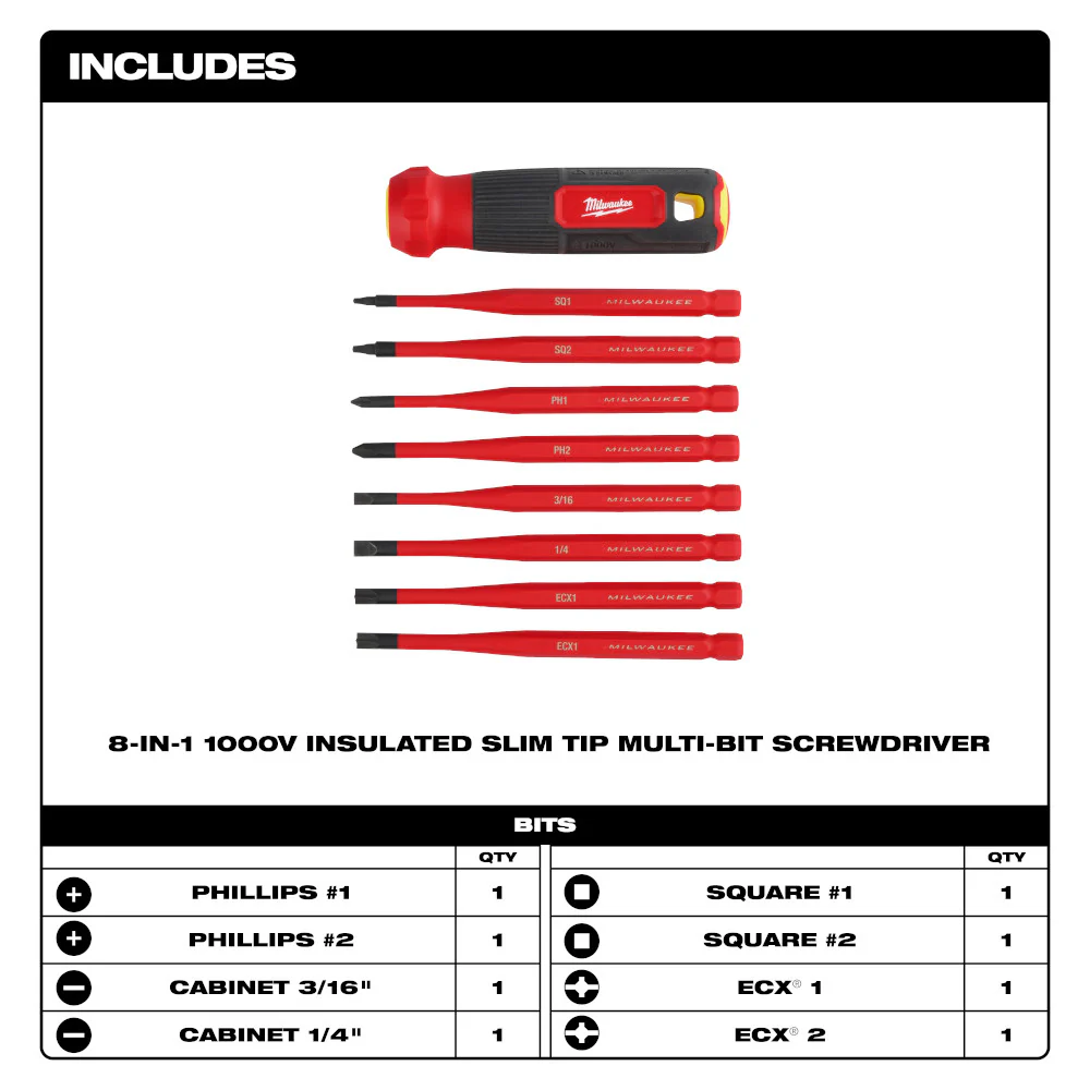 Milwaukee 48-22-2218 8-in-1 1000V Insulated Slim Tip Multi-Bit Screwdriver Set