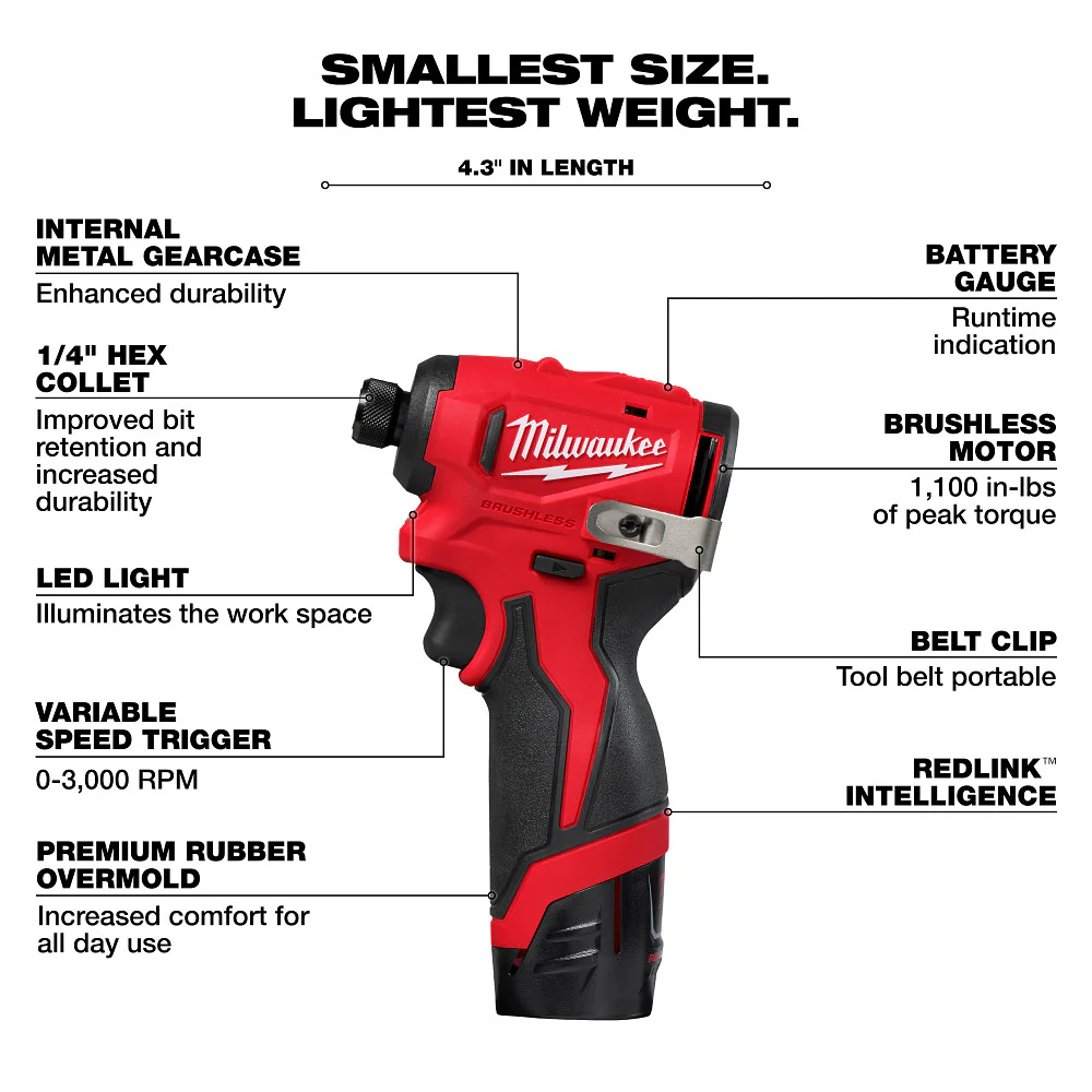 Milwaukee 3450-22 M12 12V 1/4 Subcompact Brushless Hex Impact Driver Kit