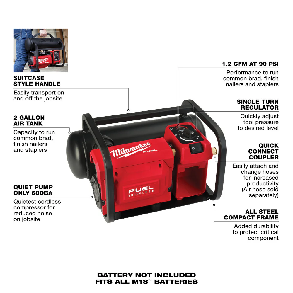 Milwaukee 2840-20 M18 FUEL 18V 2 Gallon Quiet Air Compressor - Bare Tool
