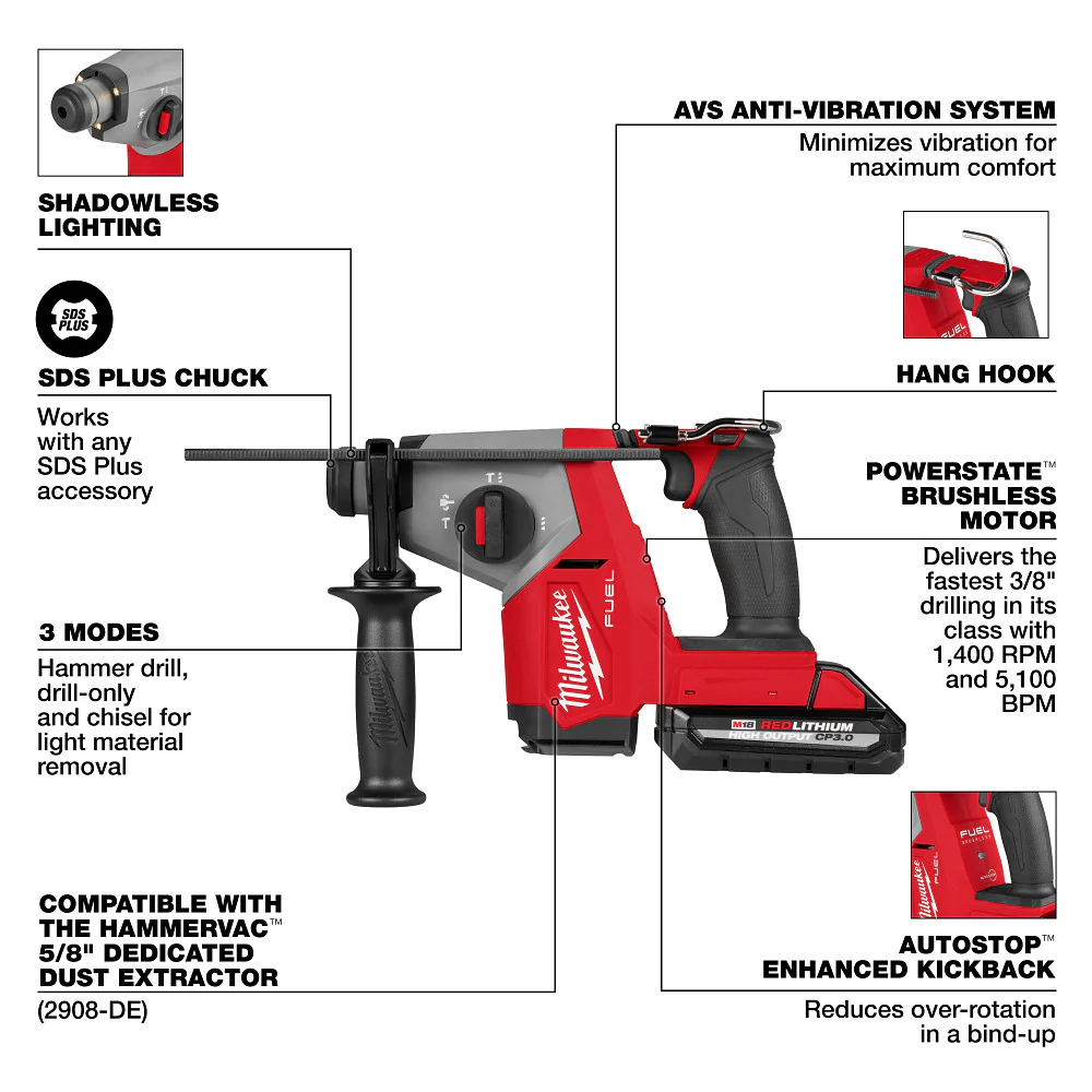 Milwaukee 2908-22DE M18 FUEL 5/8 SDS Plus Rotary Hammer w/ Dust Extractor Kit