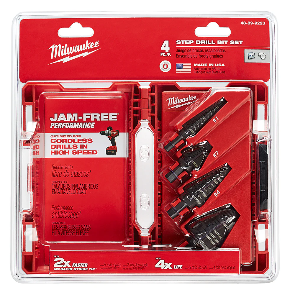 Milwaukee 48-89-9223 3-Flat Black Oxide Jam-Free Step Drill Bit Set - 4pc