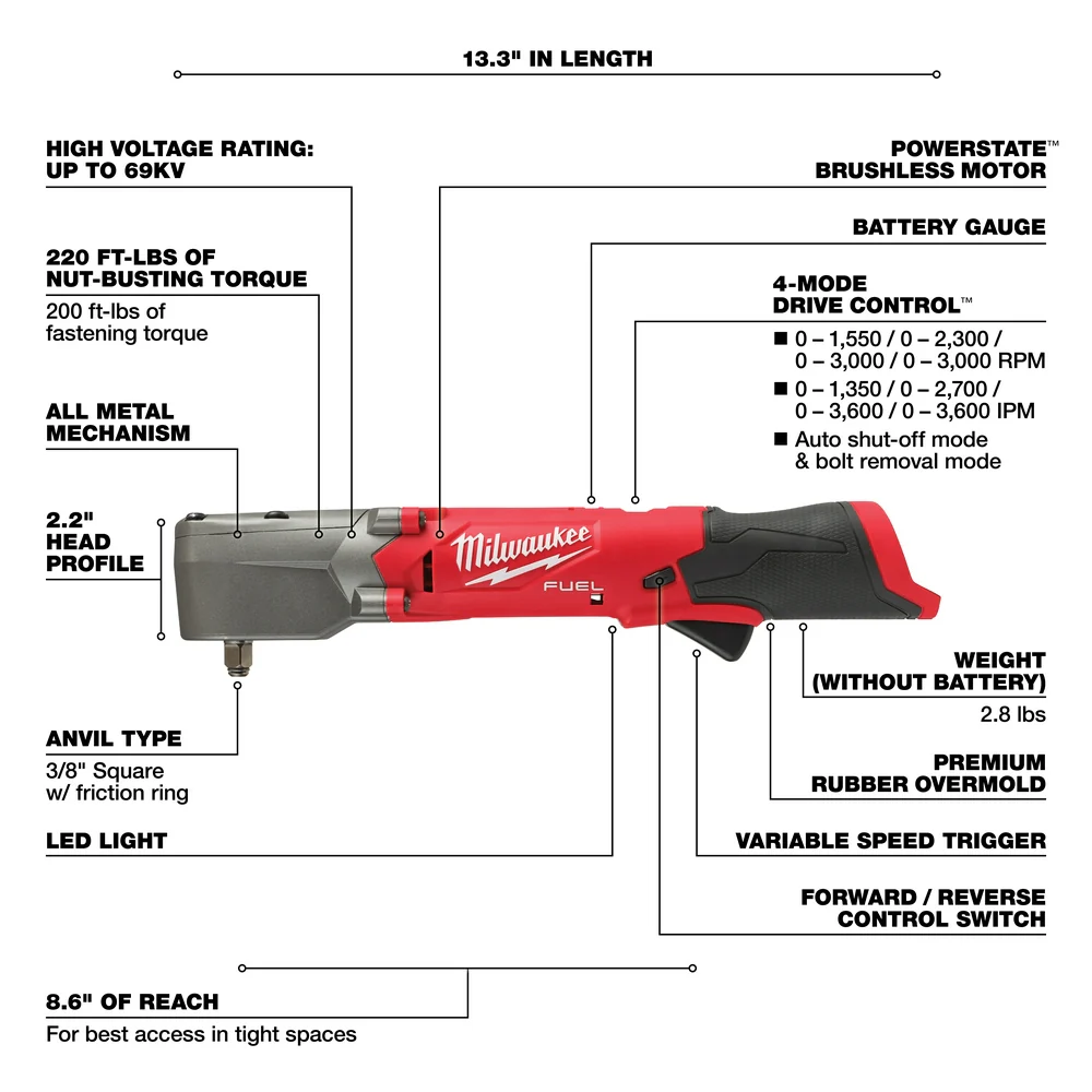 Milwaukee 2564-80 M12 FUEL 12V 3/8 Cordless Right Angle Impact Wrench - Recon