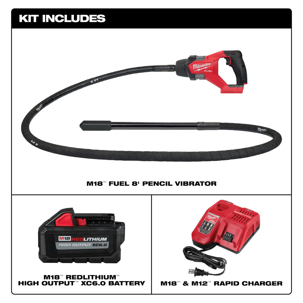 Milwaukee 2911-21 M18 FUEL 18V 8' Cordless Concrete Pencil Vibrator Kit