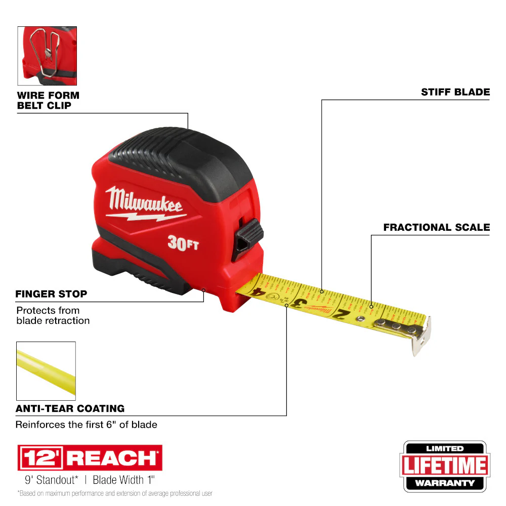 Milwaukee 48-22-1730 30' Compact Impact Resistant Tape Measure w/ Belt Clip