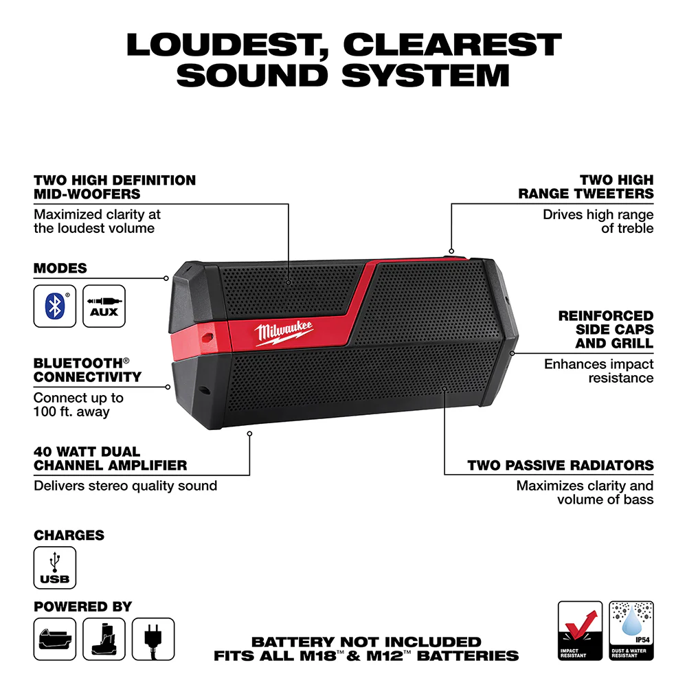 Milwaukee 2891-80 M12/M18 12V/18V Wireless Bluetooth Portable Speaker - Recon
