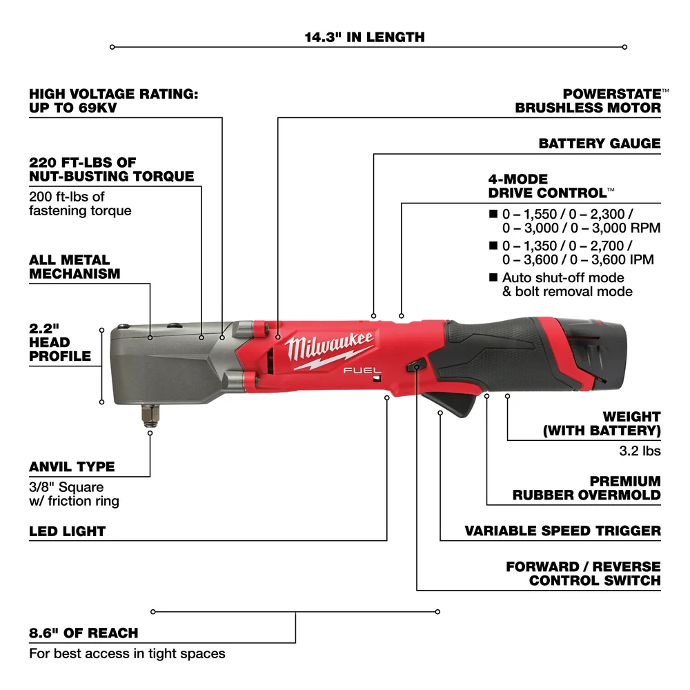 Milwaukee 2564-22 M12 FUEL 12V 3/8 Cordless Right Angle Impact Wrench Kit