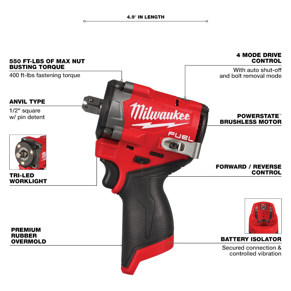 Milwaukee 2563P-20 M12 FUEL 12V 1/2 Impact Wrench w/ Pin Detent - Bare Tool