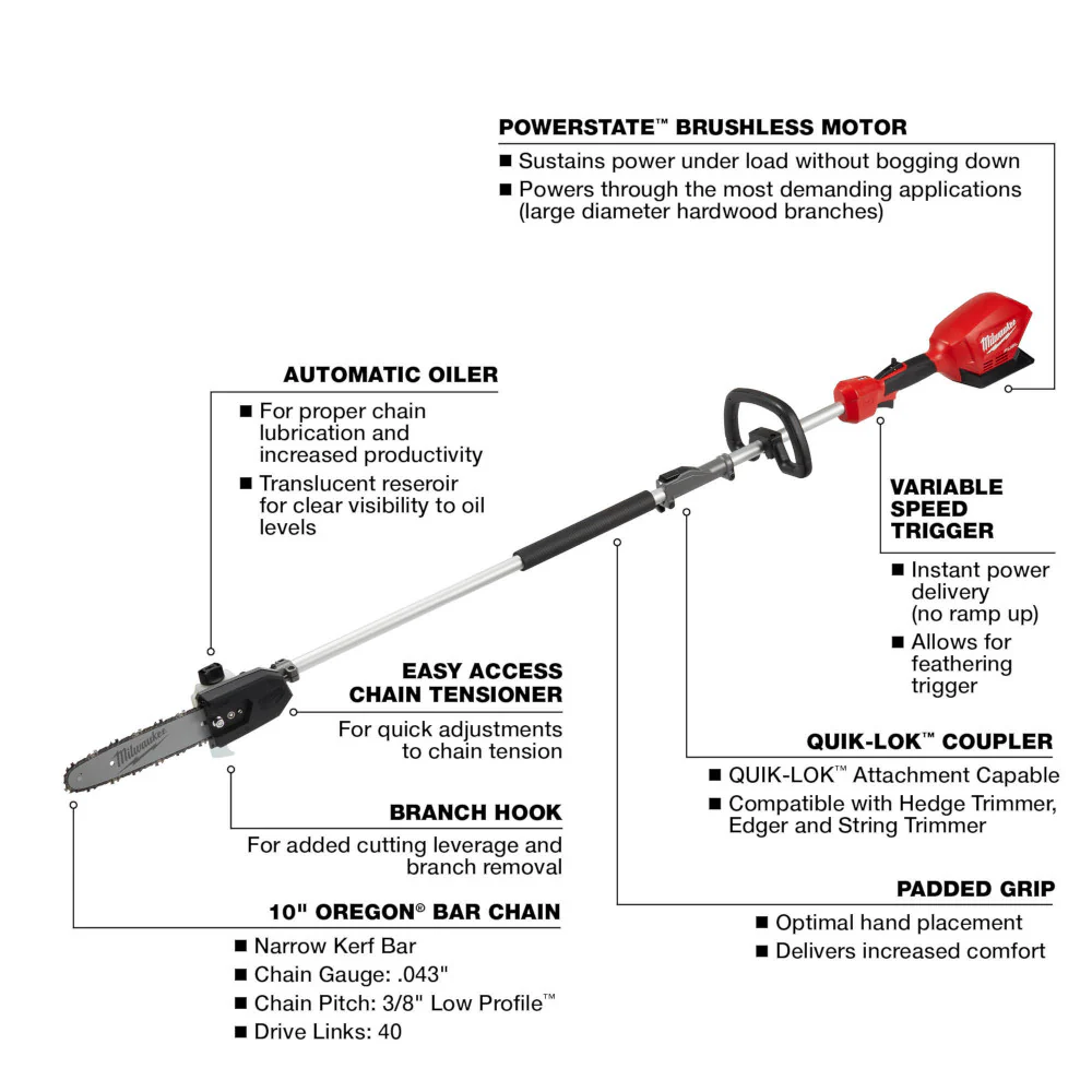Milwaukee 2825-80PS M18 FUEL 10 Pole Saw w/ QUIK-LOK Capability - Recon