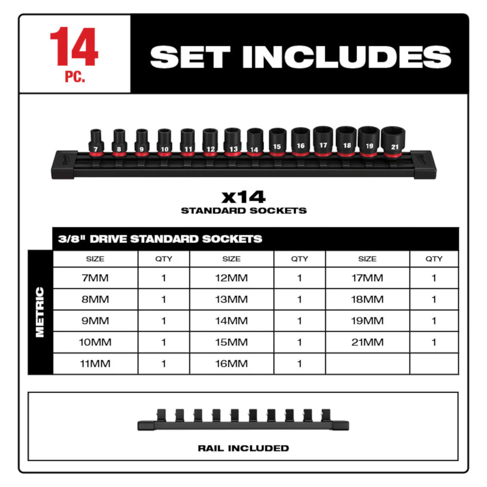 Milwaukee 49-66-7007 3/8 Drive Metric Standard Impact Socket Set - 14 PC