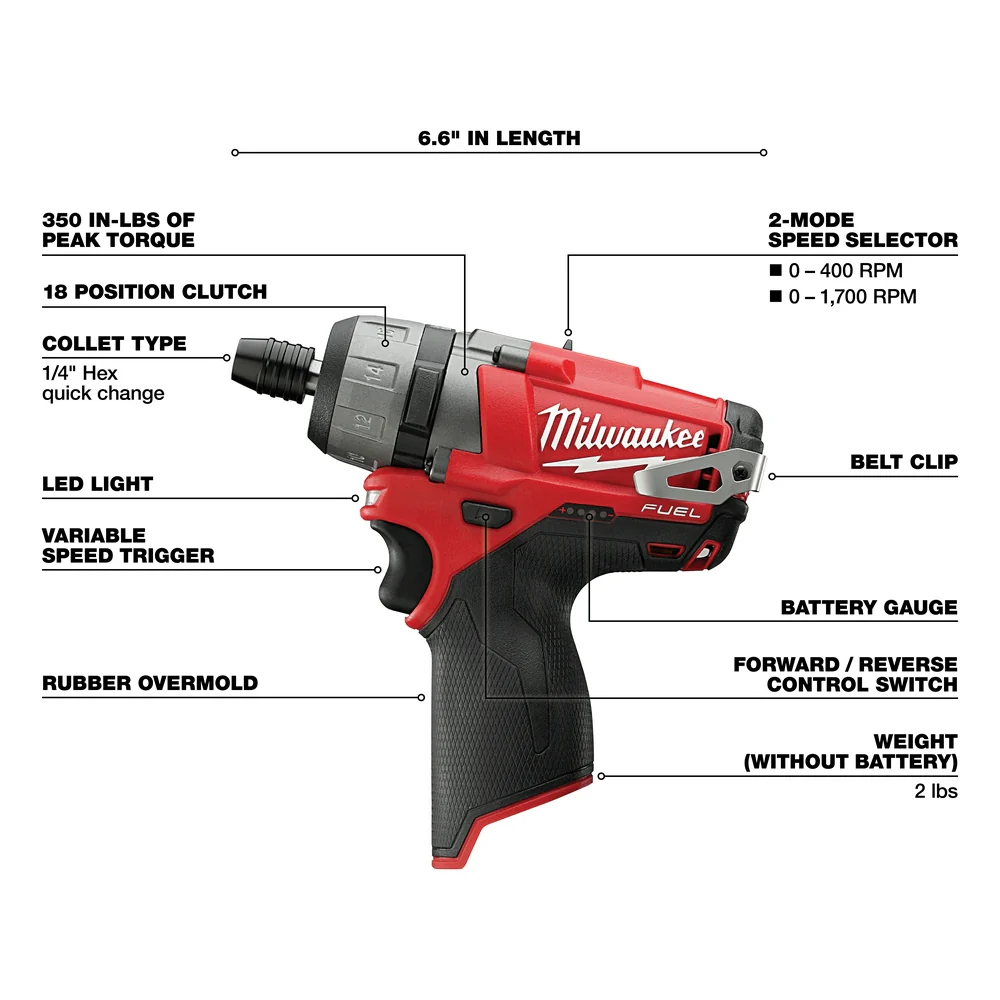 Milwaukee 2402-20 M12 FUEL 12V 1/4 Hex 2-Speed Screwdriver w/Clip - Bare Tool