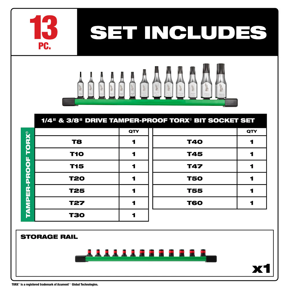 Milwaukee 48-22-9535 1/4 - 3/8 Drive Tamper Proof TORX Bit Socket Set - 13 PC