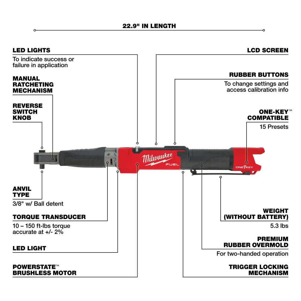 Milwaukee 2465-80 M12 FUEL 12V 3/8 Torque Wrench w/ ONE-KEY - Bare Tool - Recon