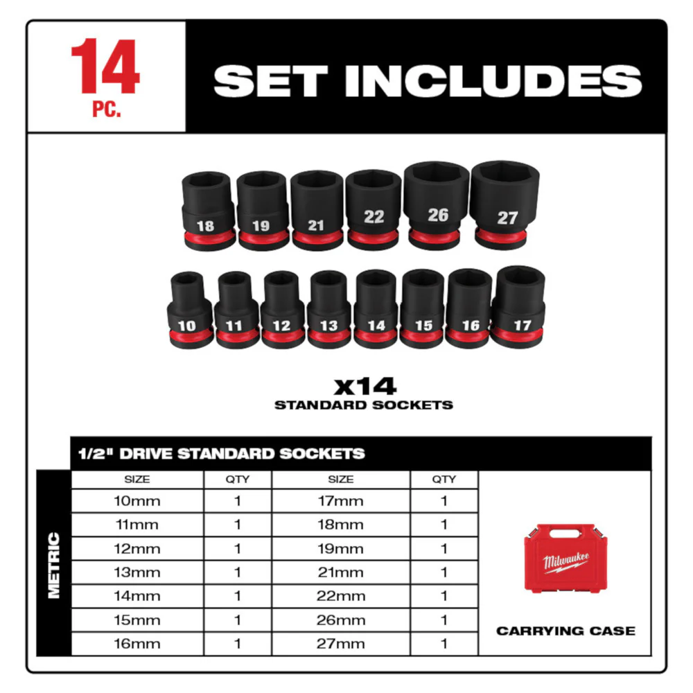 Milwaukee 49-66-7013 1/2 Drive Metric Standard 6 Point Impact Socket Set -14 PC