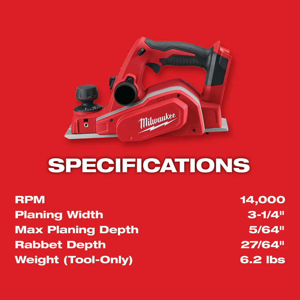 Milwaukee 2623-20 M18 18V 3-1/4-Inch Planer w/ Bevel/Edge Guide - Bare Tool