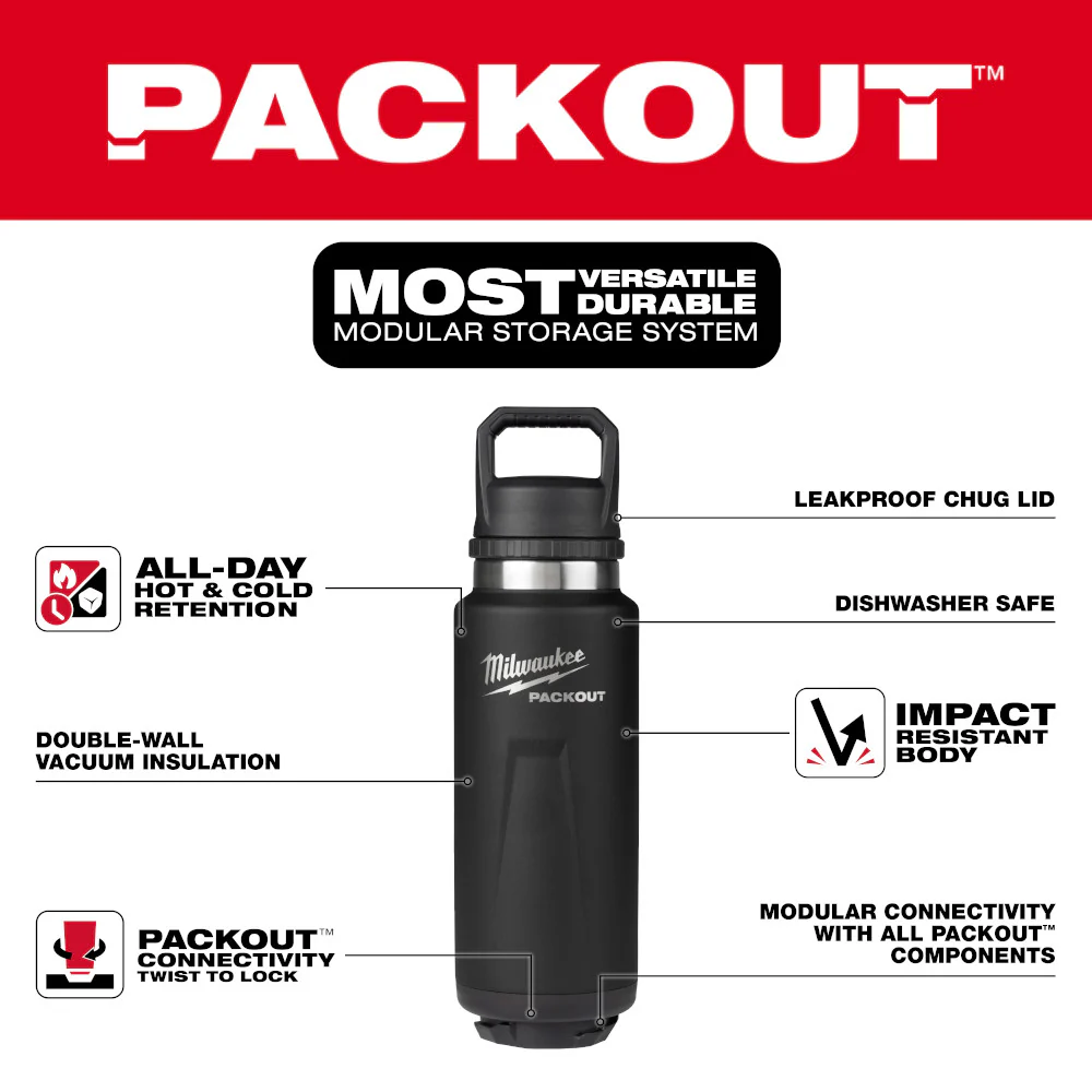 Milwaukee 48-22-8397B PACKOUT 36oz Black Insulated Bottle with Chug Lid