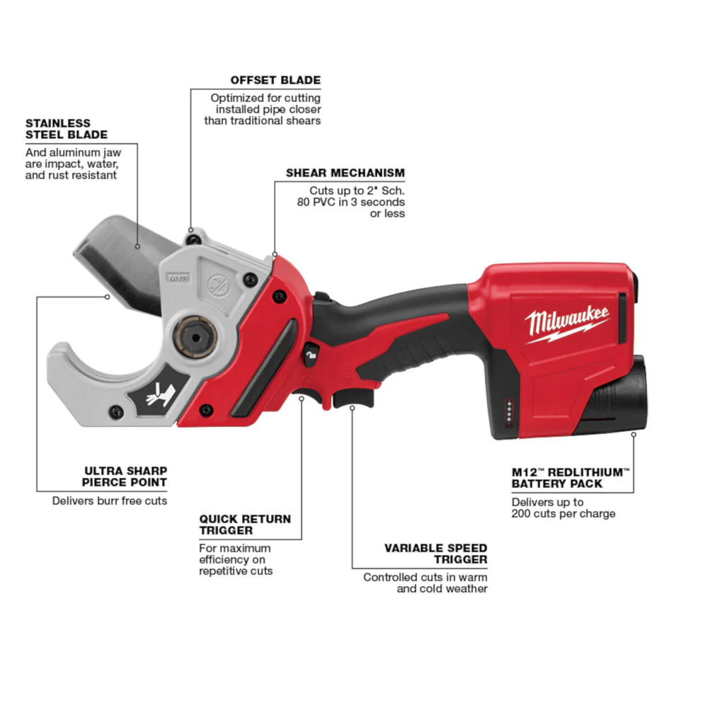 Milwaukee 2470-80 M12 12V Cordless Plastic Pipe Shear - Recon - Bare Tool