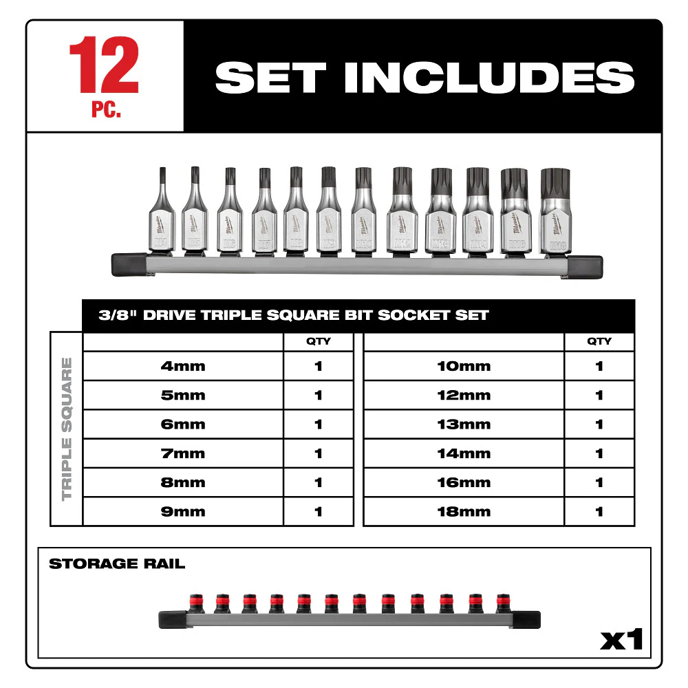 Milwaukee 48-22-9536 3/8 Drive Triple Square Bit Socket Set - 12 PC