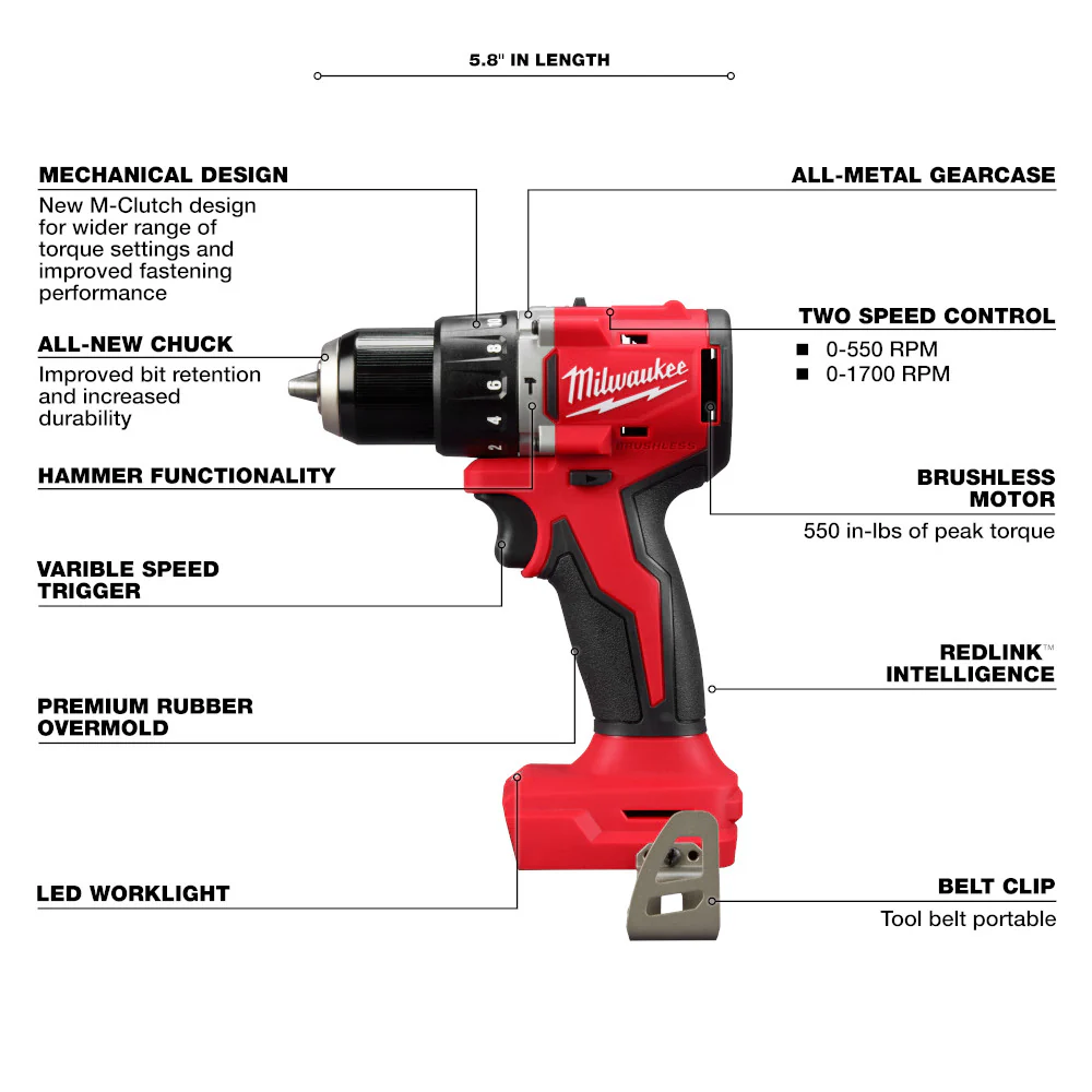 Milwaukee 3602-20 M18 18V 1/2 Compact Brushless Hammer Drill - Bare Tool