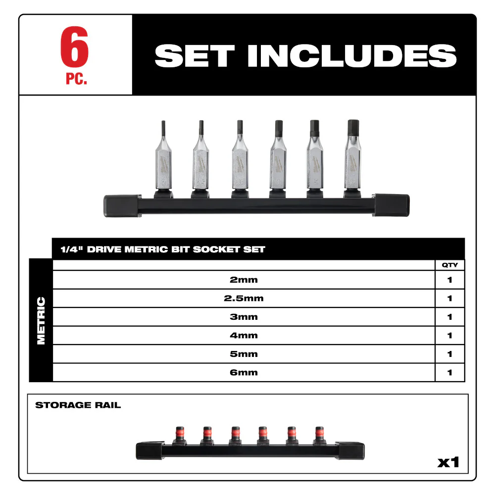 Milwaukee 48-22-9541 1/4 Drive Hex Bit Socket Set - Metric - 6 PC