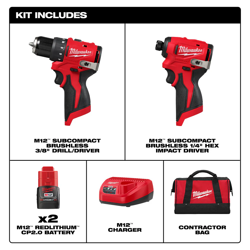 Milwaukee 3494-22 M12 12V Subcompact Brushless 2-Tool Combo Kit
