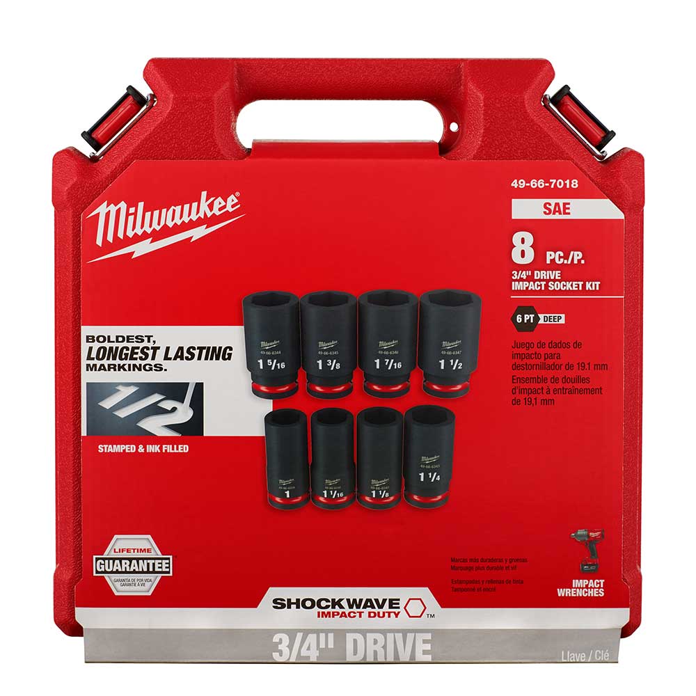 Milwaukee 49-66-7018 SHOCKWAVE Impact Duty 3/4 SAE 6 Point Socket Set - 8PC