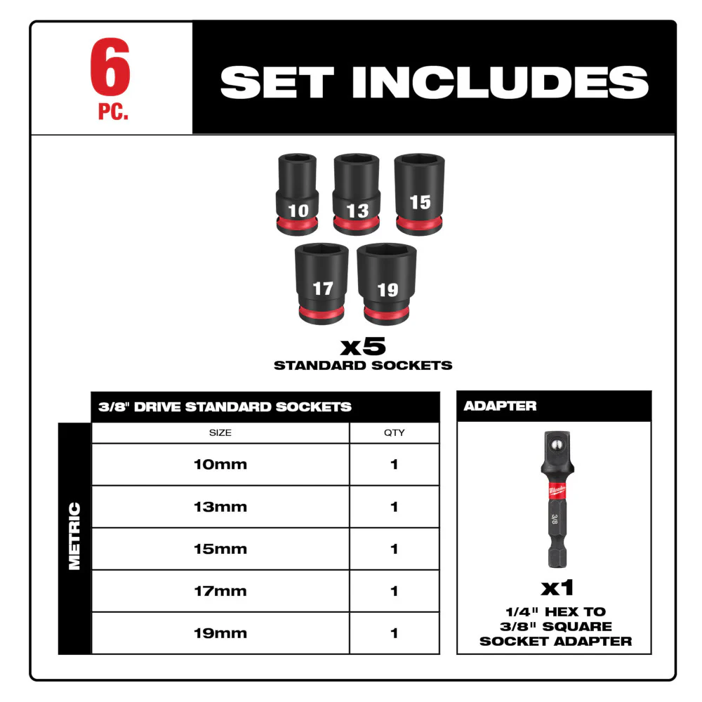 Milwaukee 49-66-7036 SHOCKWAVE 3/8 Impact Duty Drive Metric Socket Set - 6 PC