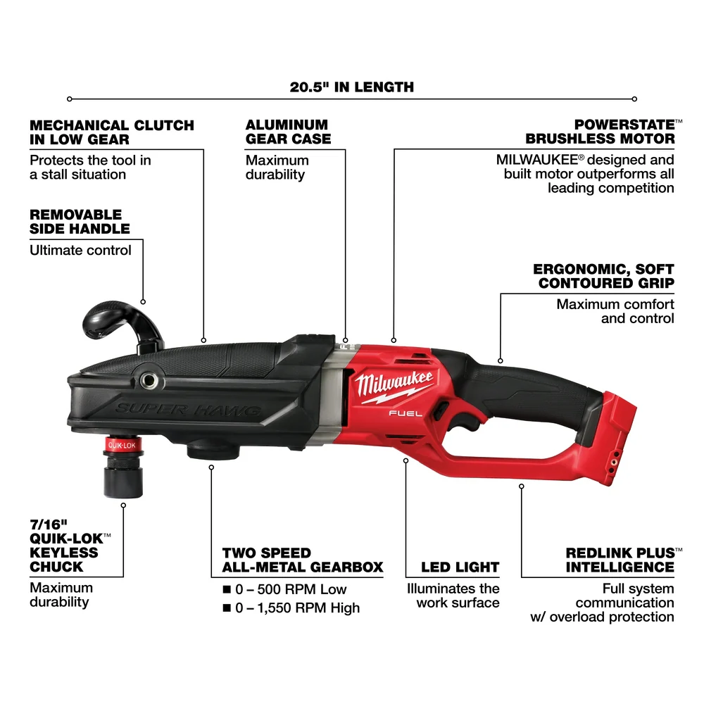 Milwaukee 2811-80 M18 FUEL 18V Super Hawg Right Angle Drill - Bare Tool. Recon