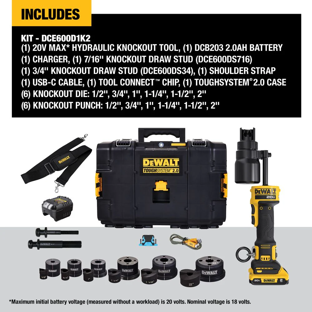 DeWALT DCE600D1K2 20V Hydraulic Knockout Kit w/ 1/2 - 2 Punches / Dies