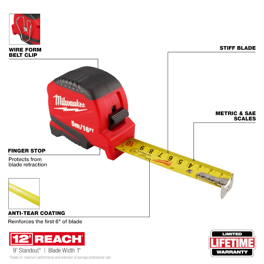 Milwaukee 48-22-1717 5m-16' Compact Impact Resistant Tape Measure w/ Belt Clip