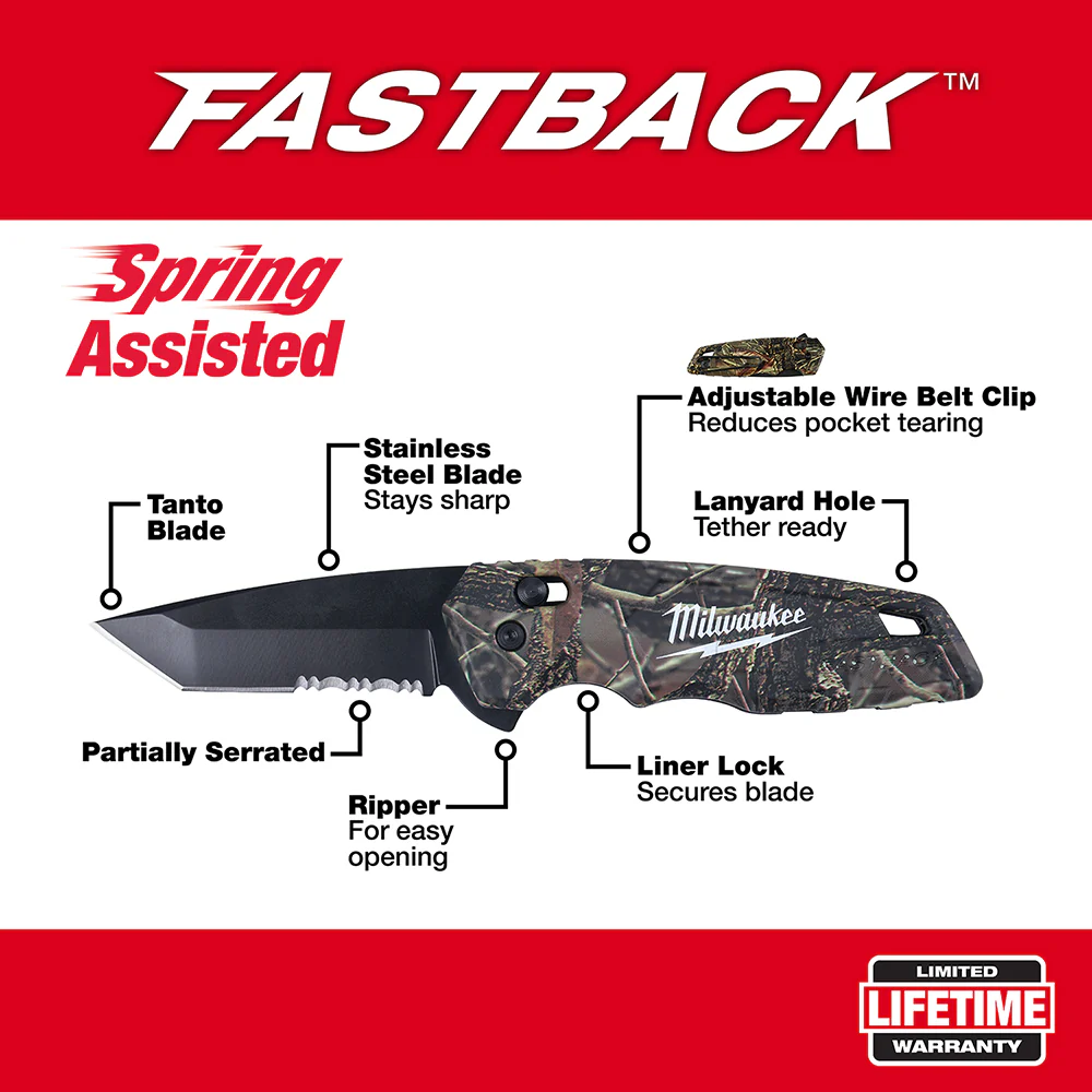 Milwaukee 48-22-1535 FASTBACK Stainless Steel Camo Spring Assisted Folding Knife