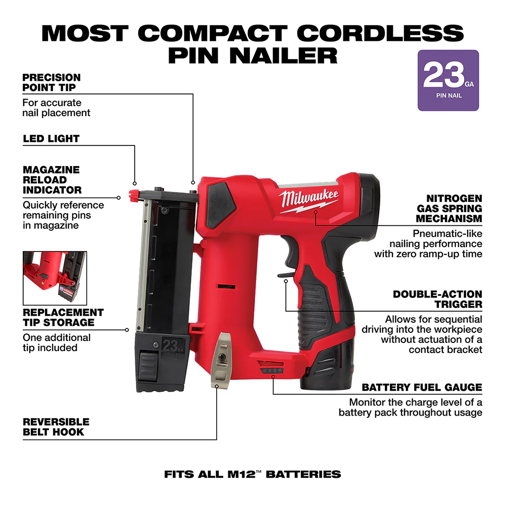 Milwaukee 2540-21 M12 12V 23 Gauge Lightweight Compact Cordless Pin Nailer Kit