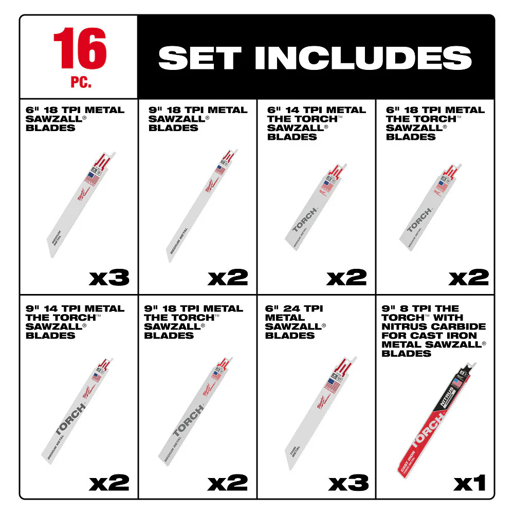 Milwaukee 49-22-1216D SAWZALL Blade Set - 16PC w/9 TORC NITRU SAWZALL Blade