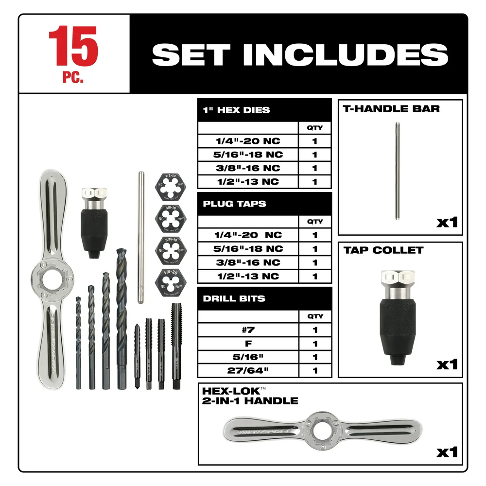 Milwaukee 49-22-5602 SAE Tap and Die Set w/ Hex-LOK 2-in-1 Handle - 17 PC