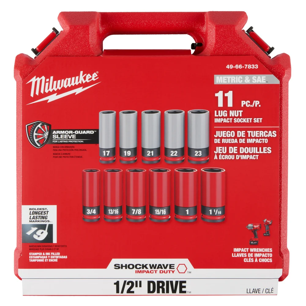 Milwaukee 49-66-7833 SHOCKWAVE 1/2 SAE/Metric Lug Nut Wheel Socket Set - 11 PC