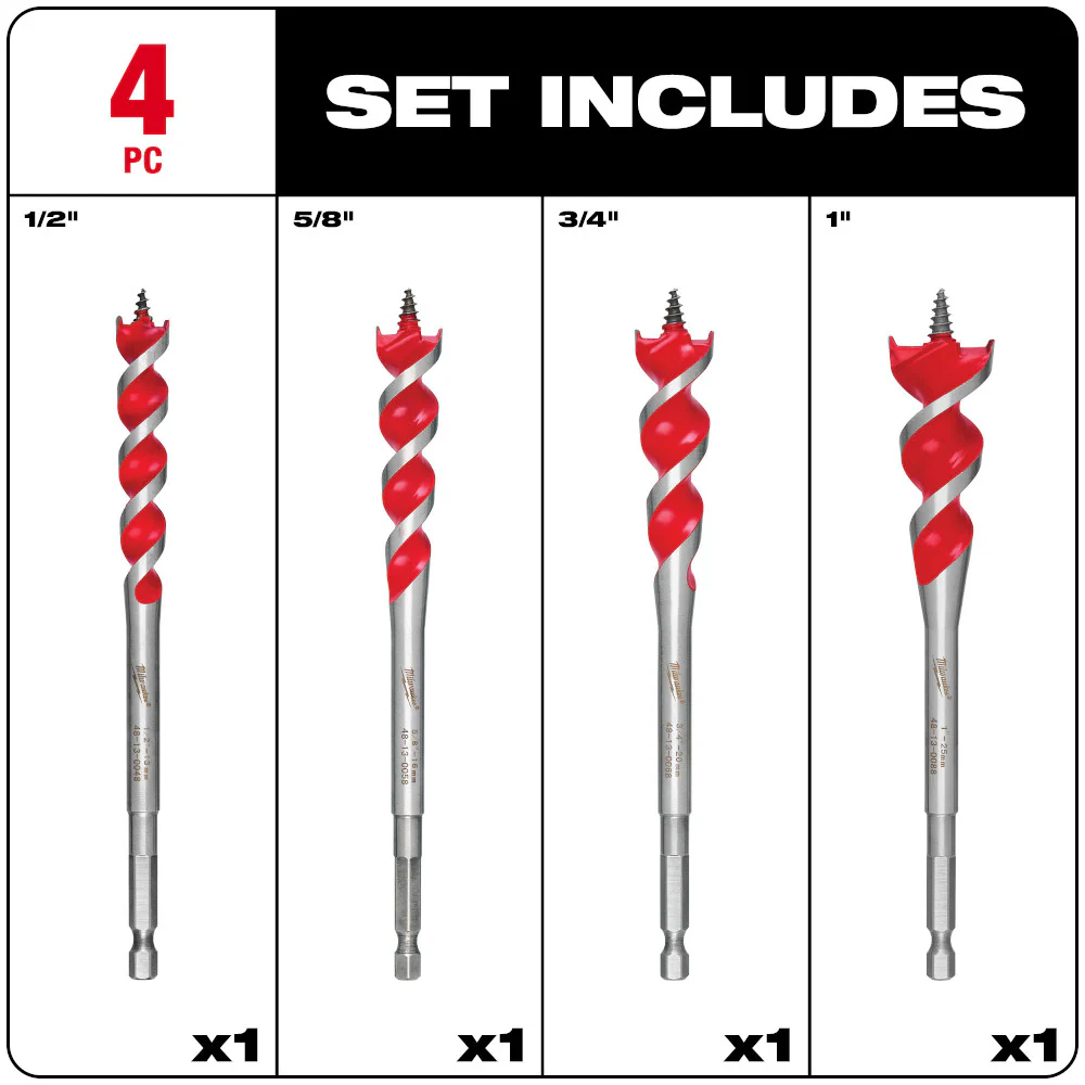 Milwaukee 48-13-0400 6-1/2 SPEED FEED Wood Bit Set w/ Double Wing Spurs - 4 PC