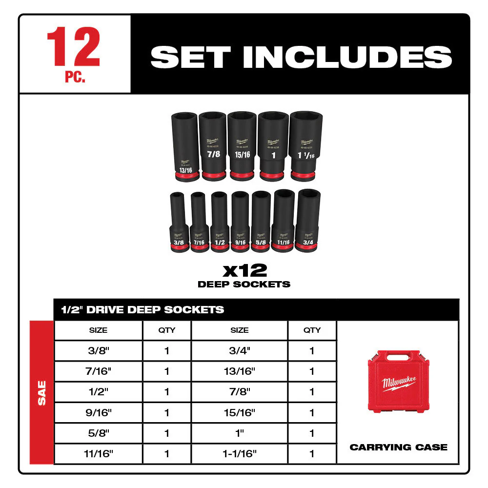 Milwaukee 49-66-7011 SHOCKWAVE 1/2 Drive SAE 6 Point Impact Socket Set - 12PC