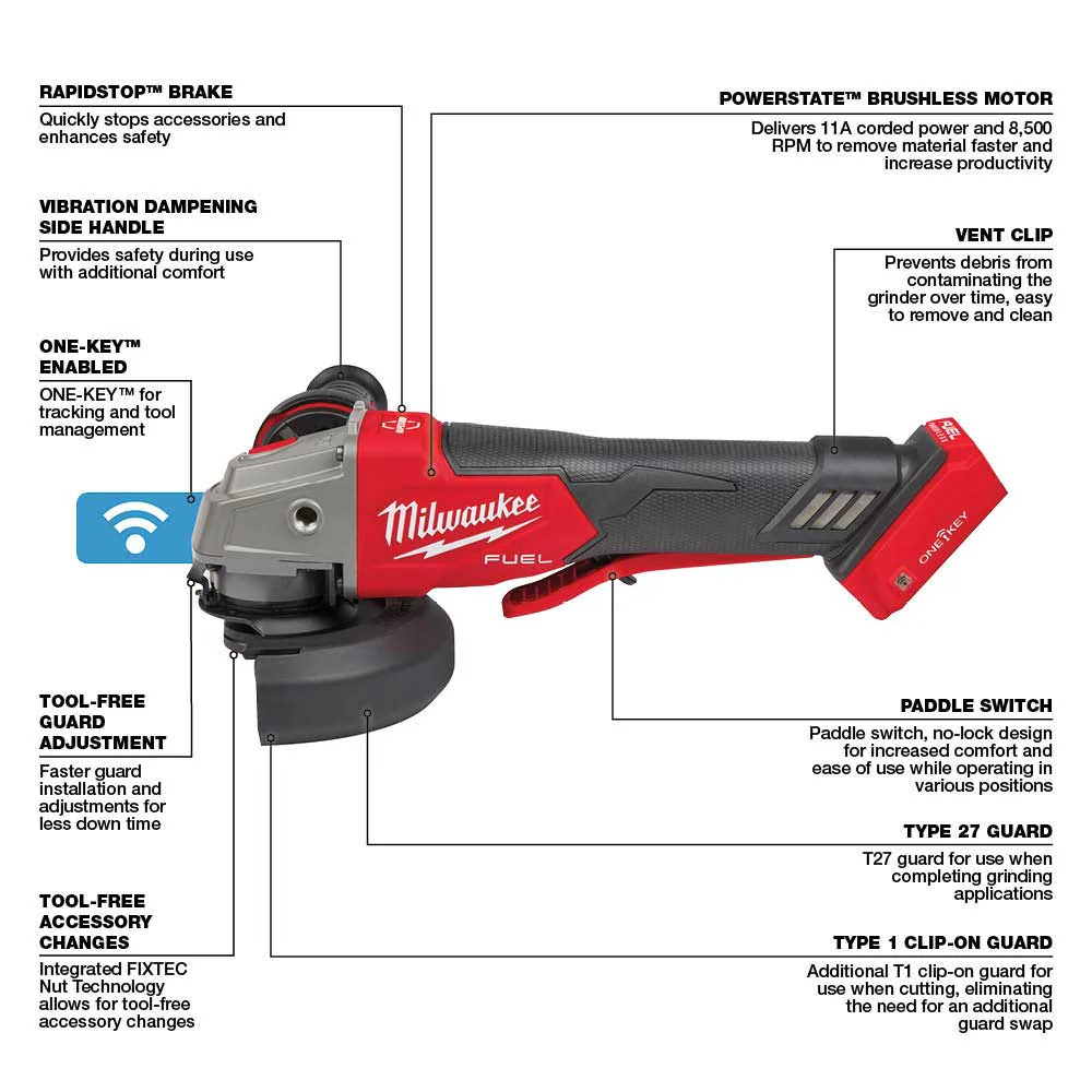 Milwaukee 2882-20 M18 FUEL 4-1/2 / 5 Paddle Switch Braking Grinder - Bare Tool