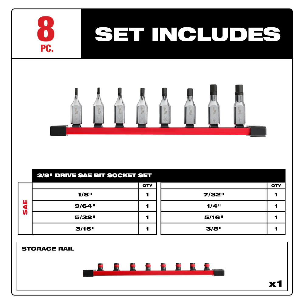 Milwaukee 48-22-9542 3/8 Drive Hex Bit Socket Set - SAE - 8 PC