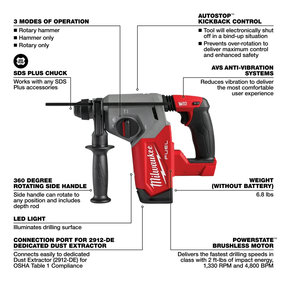 Milwaukee 2912-20 M18 FUEL 18V 1 SDS Plus Brushless Rotary Hammer - Bare Tool