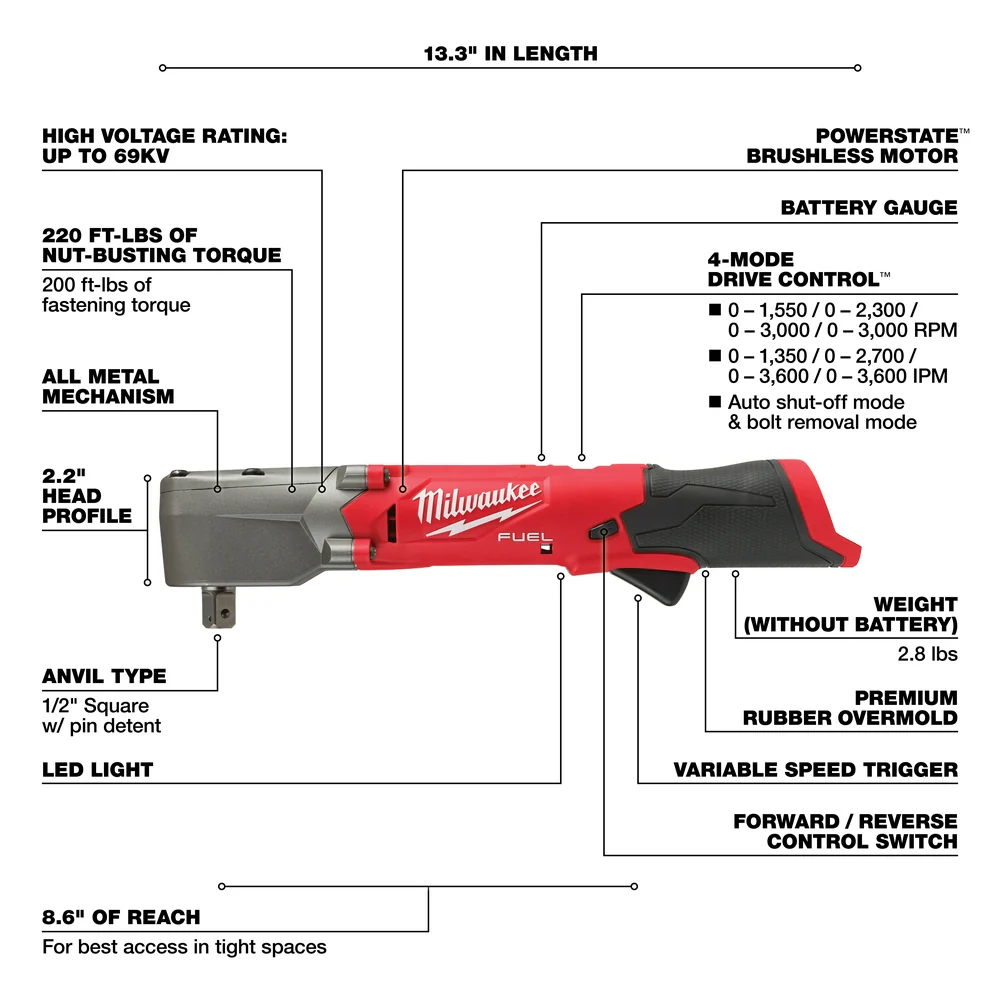 Milwaukee 2565P-20 M12 FUEL 12V 1/2 Li-Ion Right Angle Impact Wrench-Bare Tool