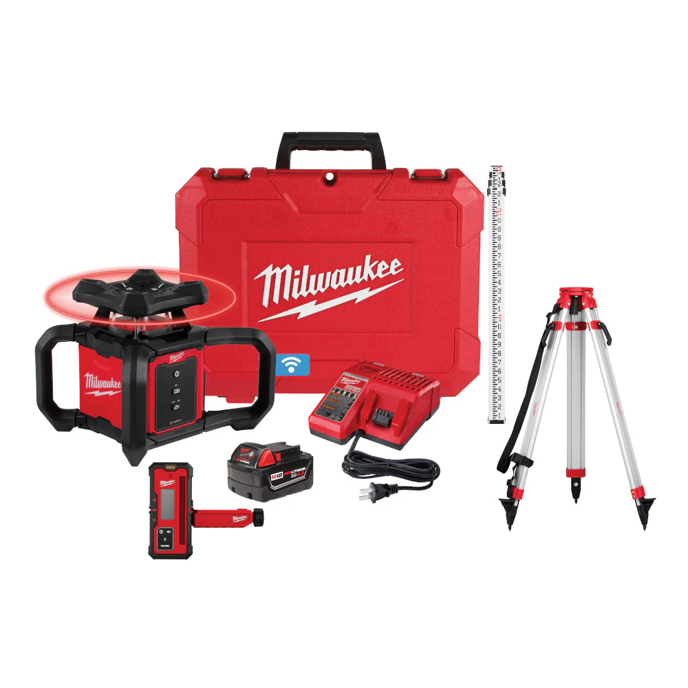 Milwaukee 3701-21T M18 18V Red Rotary Laser Kit w/ Receiver. Tripod. & Grade Rod