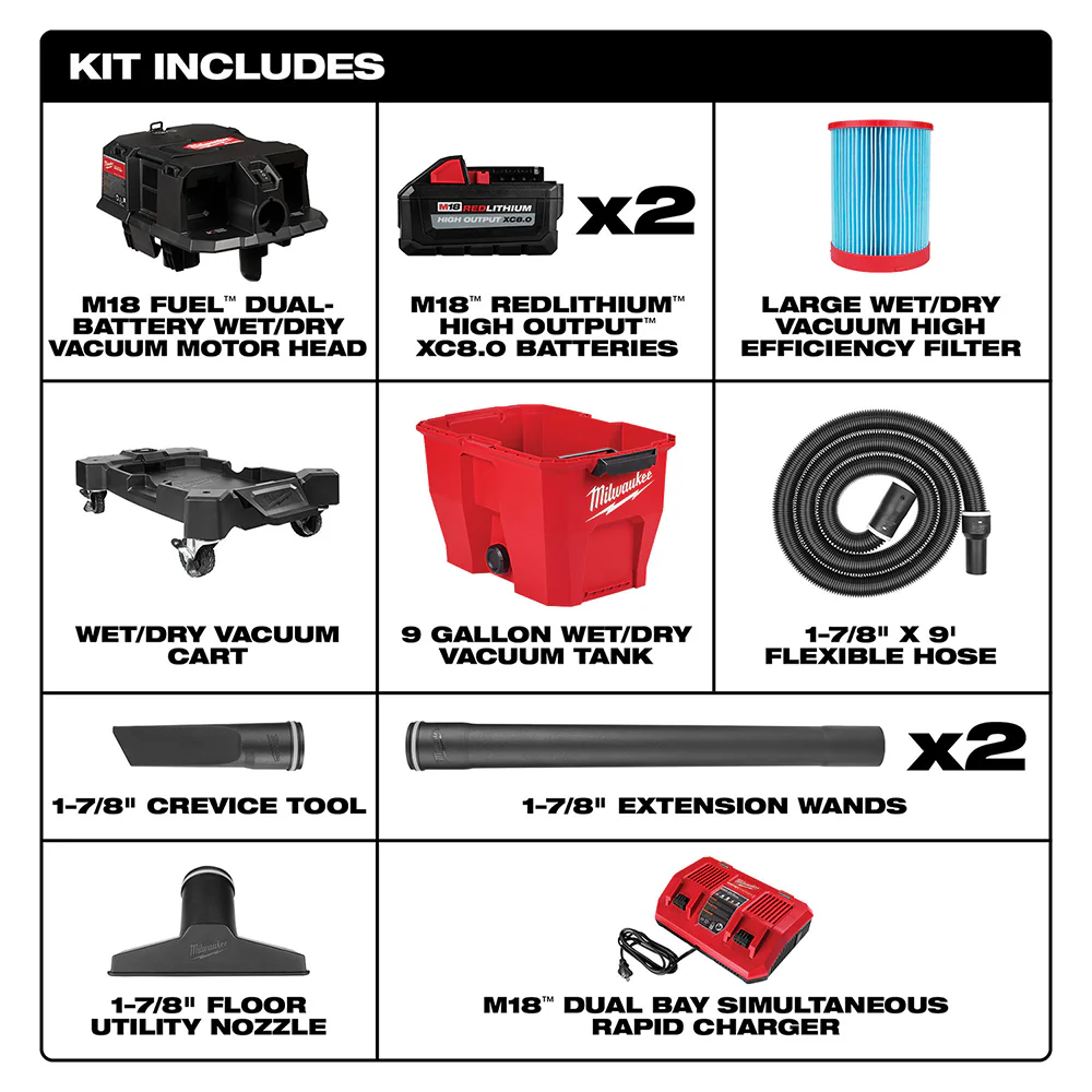 Milwaukee 0920-22HD M18 FUEL 9 Gallon Dual-Battery Wet/Dry Vacuum Kit