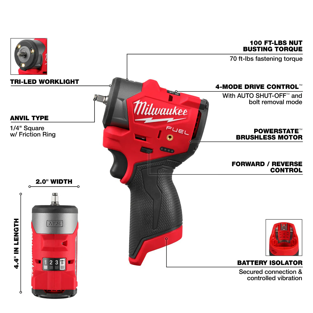 Milwaukee 3048-20 M12 FUEL 12V 1/4 Sub Compact Impact Wrench - Bare Tool