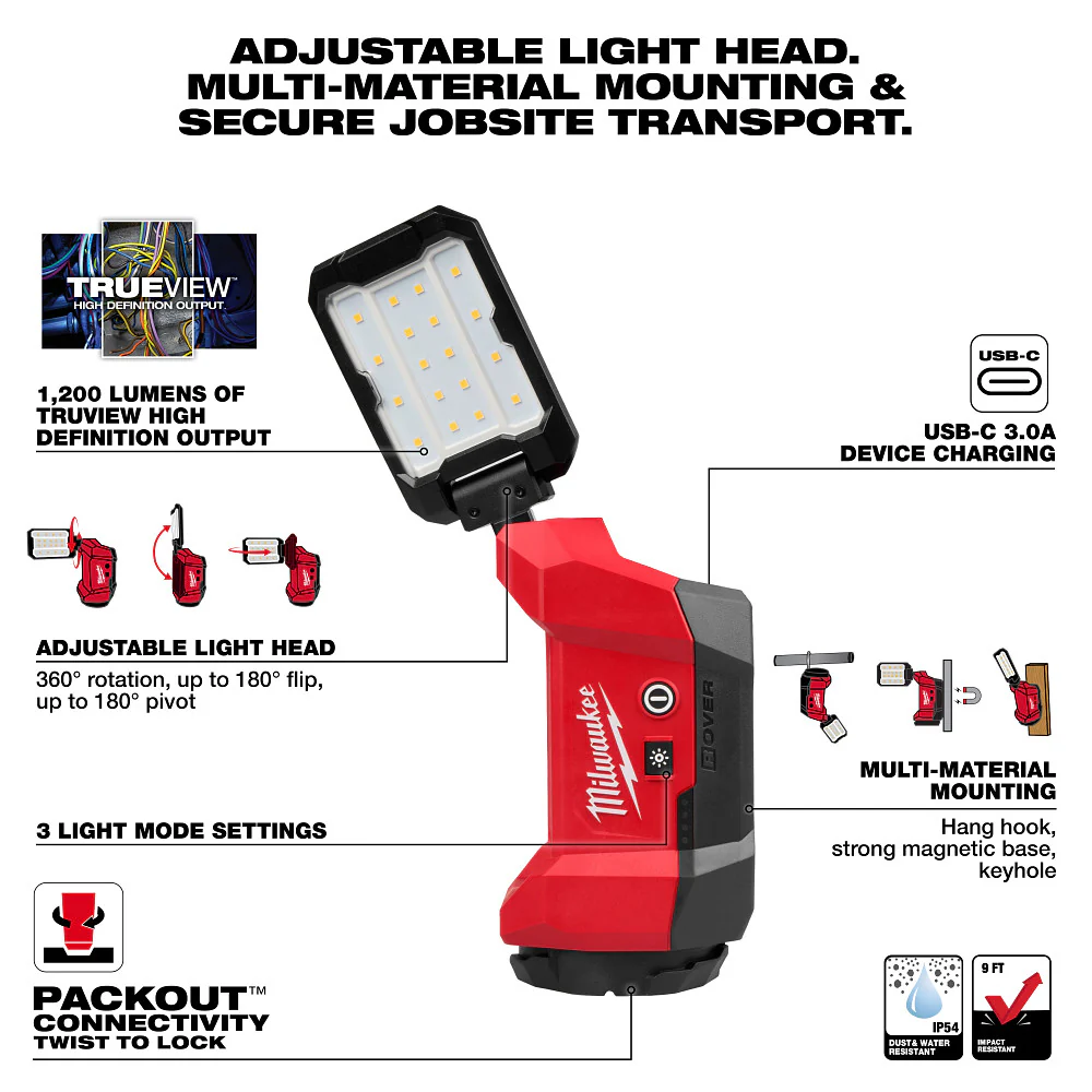 Milwaukee 2350-20 M12 12V ROVER Multi-Directional Flood Light PACKOUT -Bare Tool