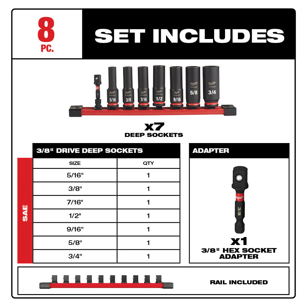 Milwaukee 49-66-7024 SHOCKWAVE 3/8 Drive SAE 6 Point Impact Socket Set - 8PC