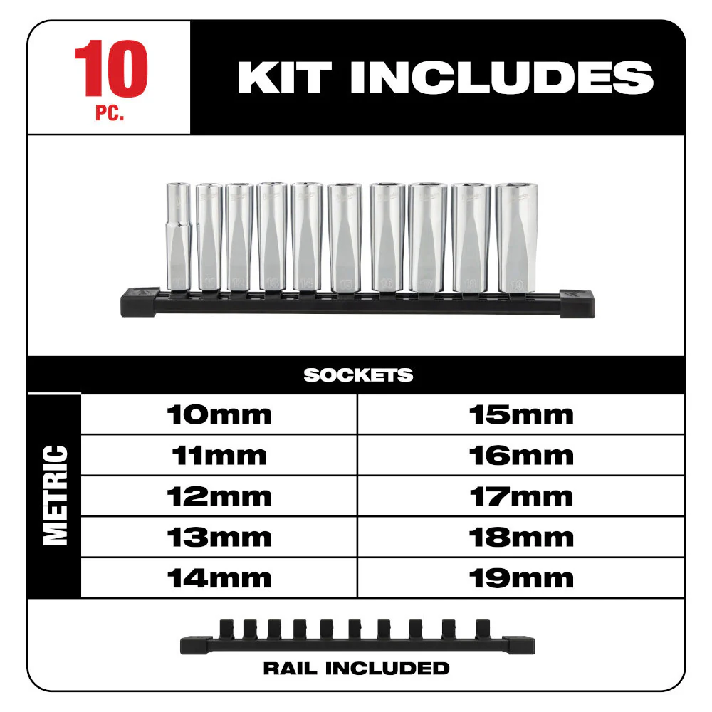 Milwaukee 48-22-9505 3/8 Drive Deep Well Metric Socket Set - 10pc