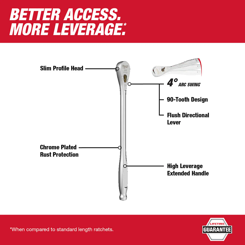 Milwaukee 48-22-9037 3/8 Drive 12 Ratchet Chrome Plated w/ Extended Handle