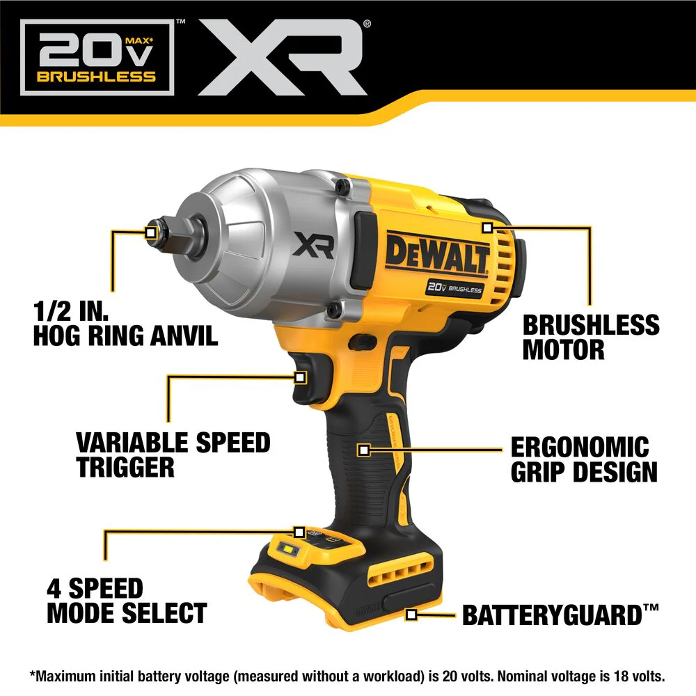 DeWALT DCF900B 20V MAX XR 1/2 High Torque Impact Wrench w/ Hog Ring Anvil