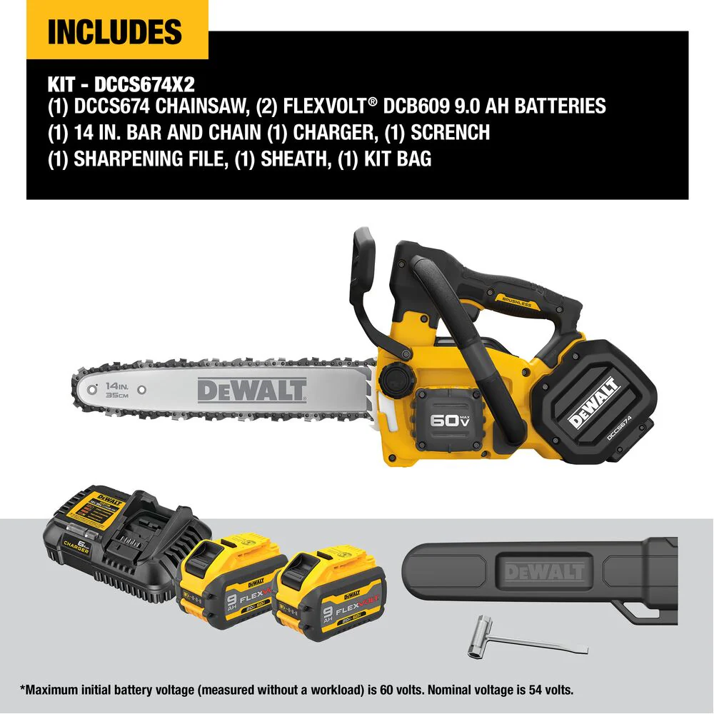 DeWALT DCCS674X2 60V MAX 14 Cordless Brushless Top Handle Chainsaw Kit